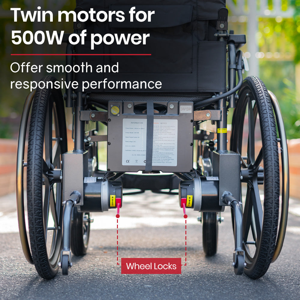 Cadeira de Rodas Elétrica Dobrável NNEMB PowerCruise DualSmart - 12km Autonomia - Bateria Lítio - Rodas 24" - Preta