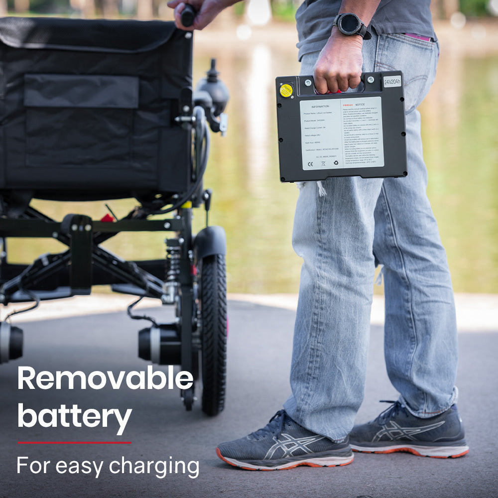 Cadeira de Rodas Elétrica Dobrável NNEMB PowerCruise LongRange XL - 20km Autonomia - Assento Extra Largo 52cm - Bateria Lítio - Preta